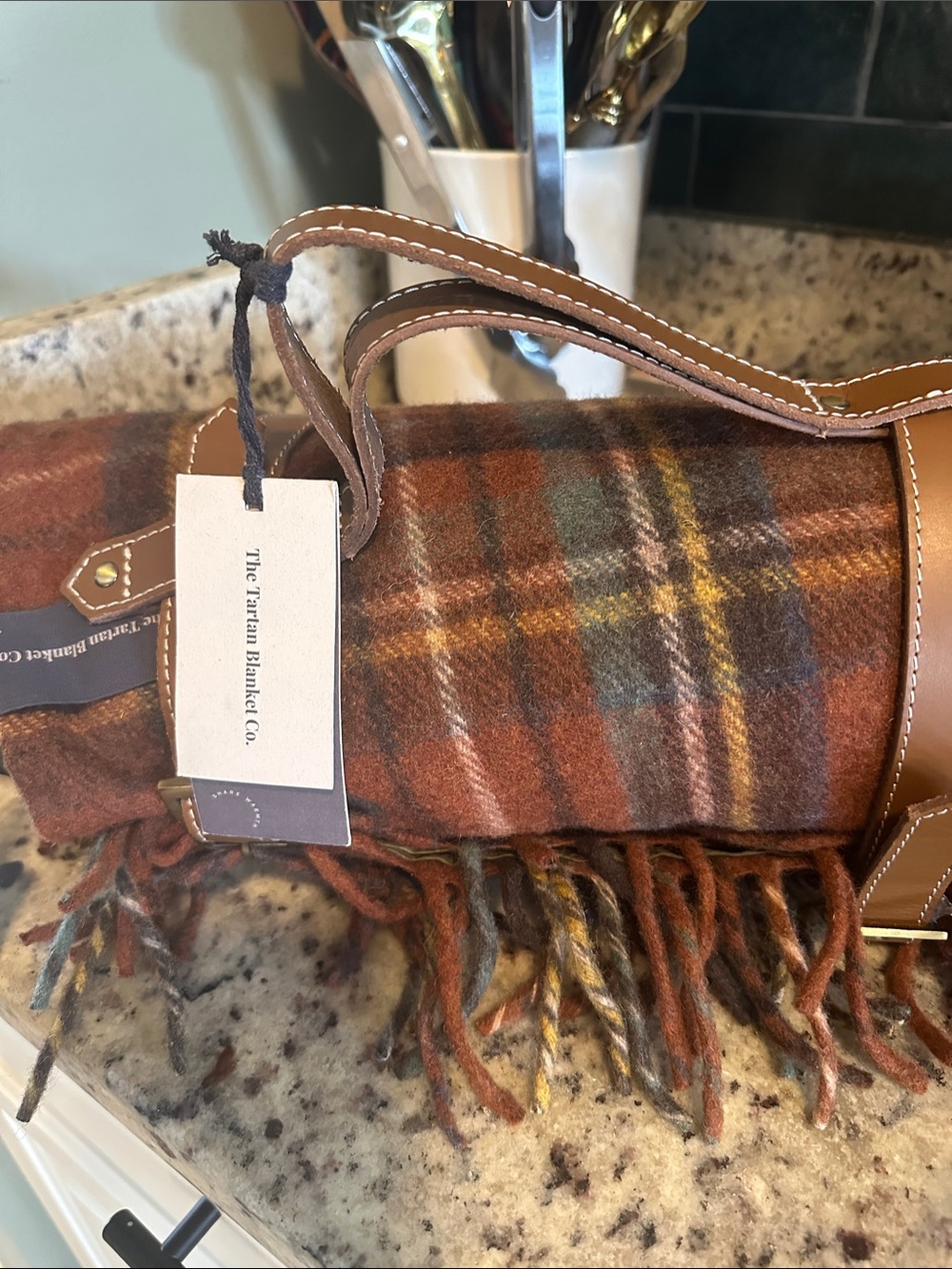 Tartan Blanket Co. Brown Plaid Wool Tote Blanket with Leather Strap